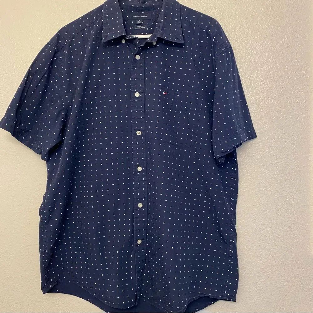 Tommy Hilfiger navy blue classic fit casual Button Up Shirt 100% cotton XL